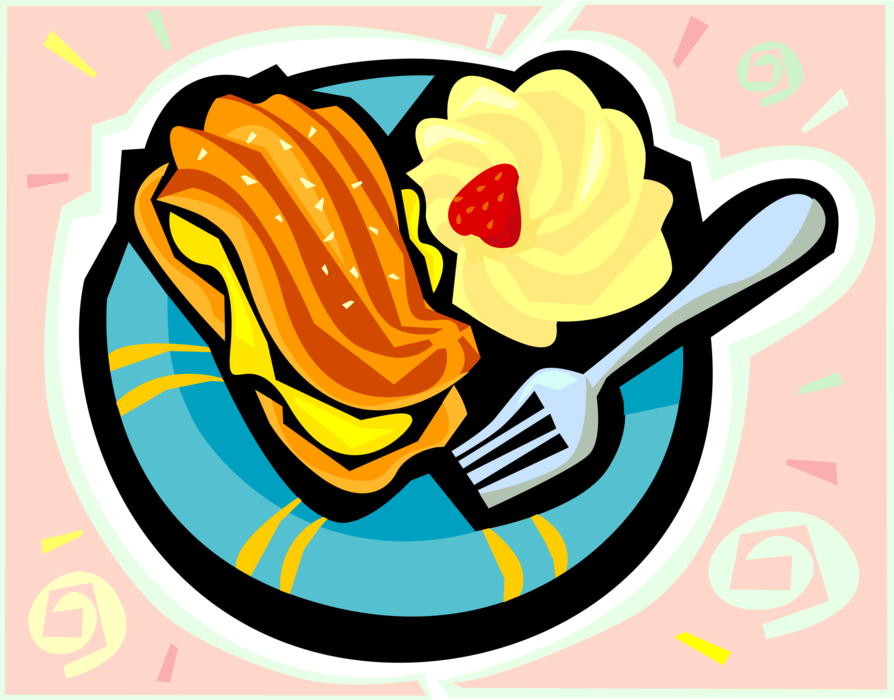 Vector Illustration of Sweet Dessert Baked Pastry on Plate with Fork