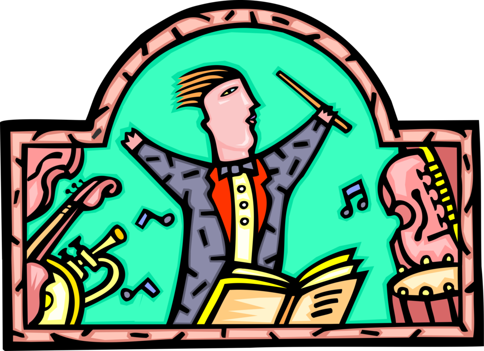Vector Illustration of Maestro Orchestra Conductor Conducting Orchestra Musicians