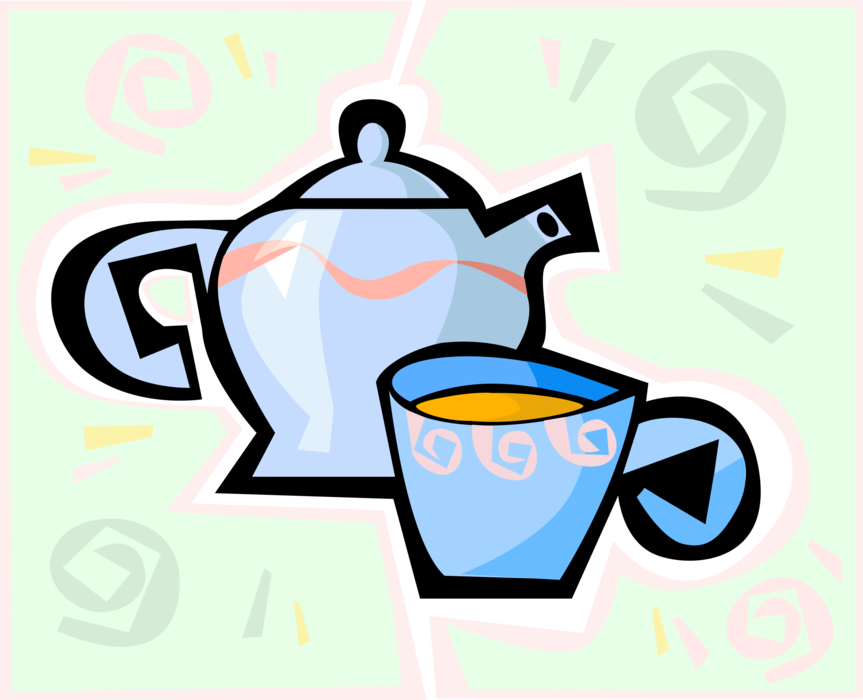 Vector Illustration of Teapot with Spout and Handle for Steeping Tea with Teacup