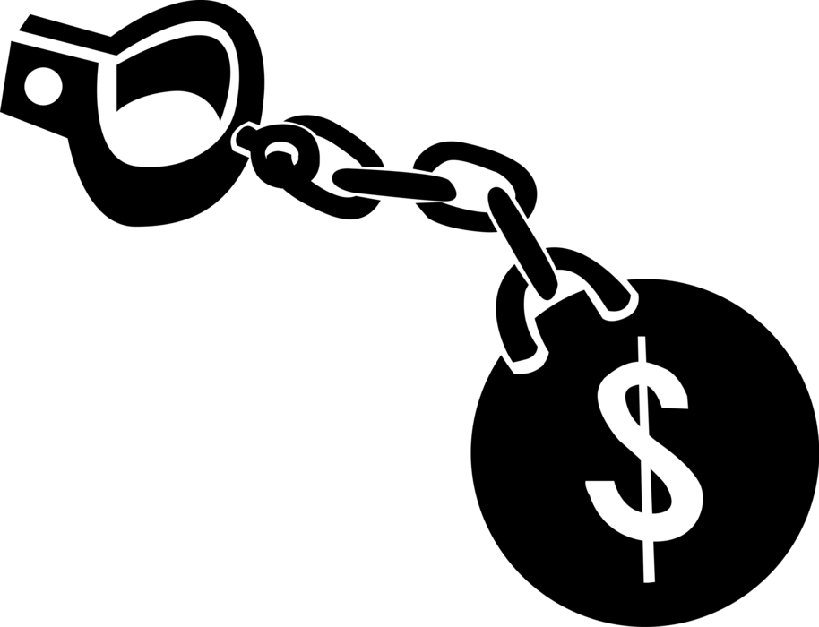 Vector Illustration of Financial Concept Ball and Chain Physical Restraint with Cash Money Dollar Sign
