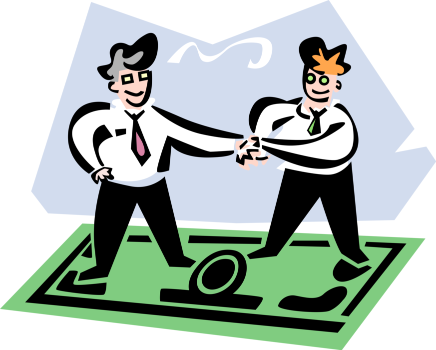 Vector Illustration of Businessmen Shaking Hands in Agreement Standing on Money Dollar Bill