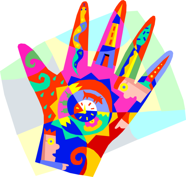 Vector Illustration of Human Hand Design with Visual Arts Symbols