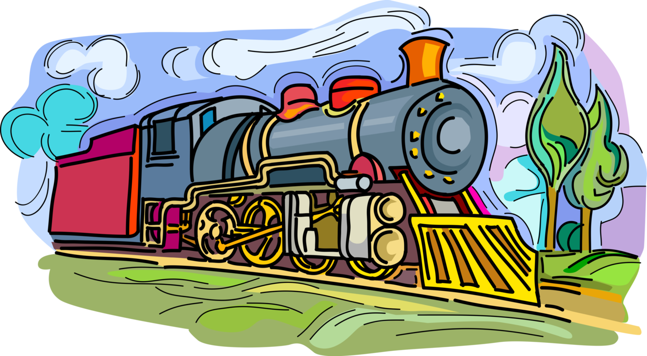 Vector Illustration of Railroad Rail Transport Speeding Locomotive Railway Train Engine on Tracks