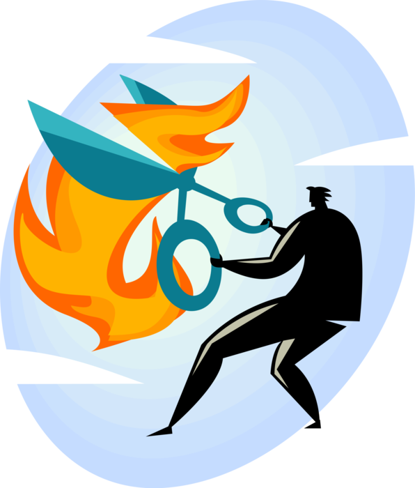 Vector Illustration of Businessman Make Cuts to Hot Fire Flames with Scissors