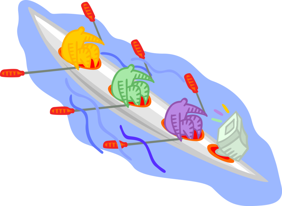 Vector Illustration of Scullers Rowing Sculling Boat on Water with Computer Coxswain