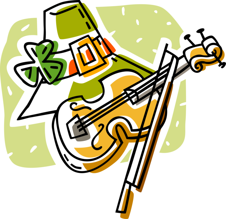 Vector Illustration of Irish Mythology Leprechaun Hat with St. Patrick's Day Shamrock and Fiddle Musical Instrument with Bow