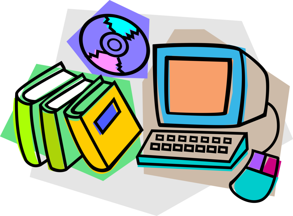 Vector Illustration of Computer with Textbooks and CD Compact Discs or DVD Optical Digital Disc Storage Media