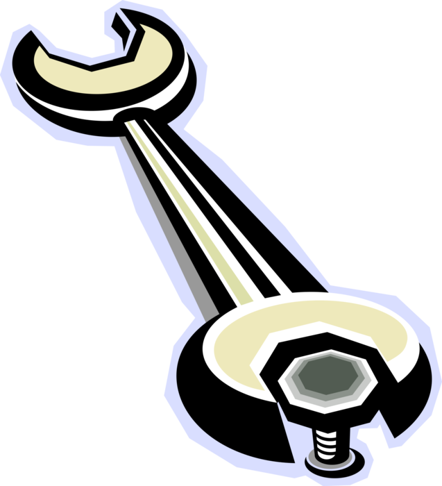 Vector Illustration of Open End Spanner Wrench Tool Applies Torque to Turn Bolts
