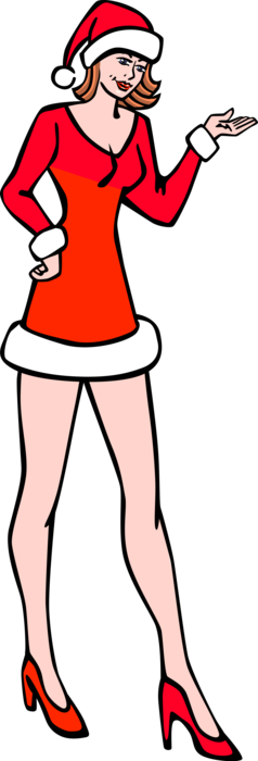 Vector Illustration of Santa's Workshop Helper in Sexy Christmas Dress with Santa Hat