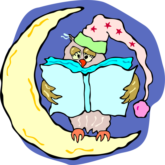 Vector Illustration of Night Owl Reads Book with Moon