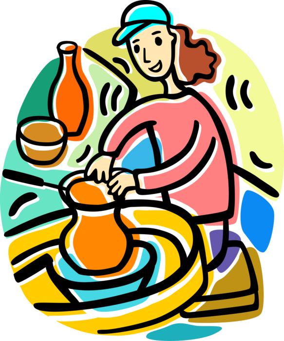 Vector Illustration of Potter Turns Pottery on Potter's Wheel for Shaping of Round Ceramic Ware
