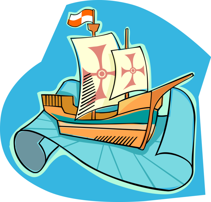 Vector Illustration of 15th Century Sailboat Sailing Vessel Ship of Discovery and Exploration Under Sail on High Seas