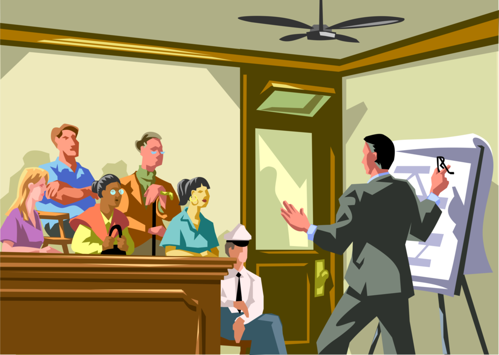 Vector Illustration of Lawyer Presents Evidence in Case in Court House Courtroom to Jury