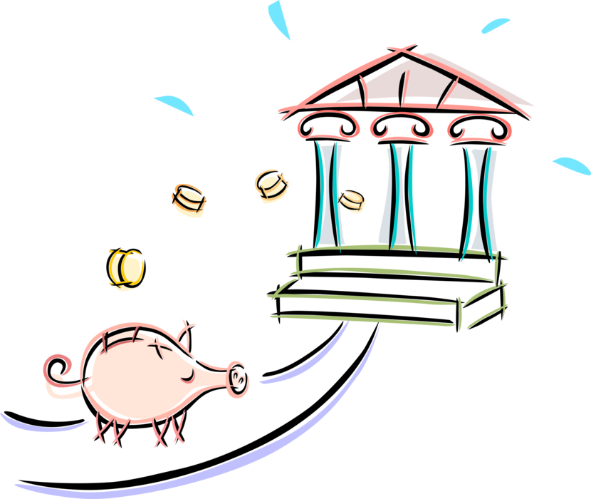Vector Illustration of Piggy Bank Money Savings and Financial Institution Bank