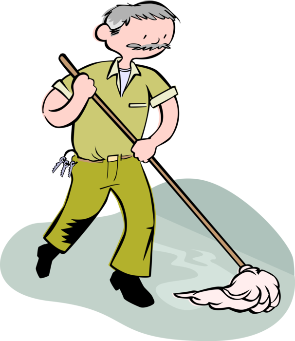 Vector Illustration of School Janitor Custodian with Mop and Pail Cleans the Floor