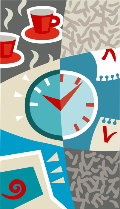 Vector Illustration of Morning Office Coffee Break with Coffee Mugs and Clock
