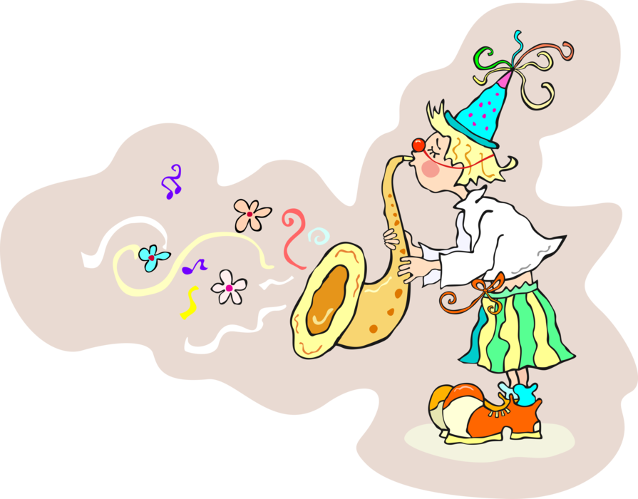 Vector Illustration of Clown Playing the Saxophone Brass Single-Reed Mouthpiece Woodwind Instrument