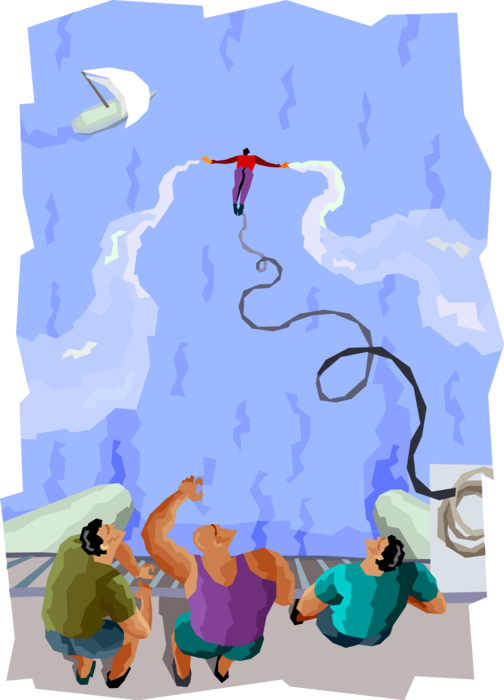 Vector Illustration of Bungee Jumpers Jump with Elastic Rope from Bridge High Above Water