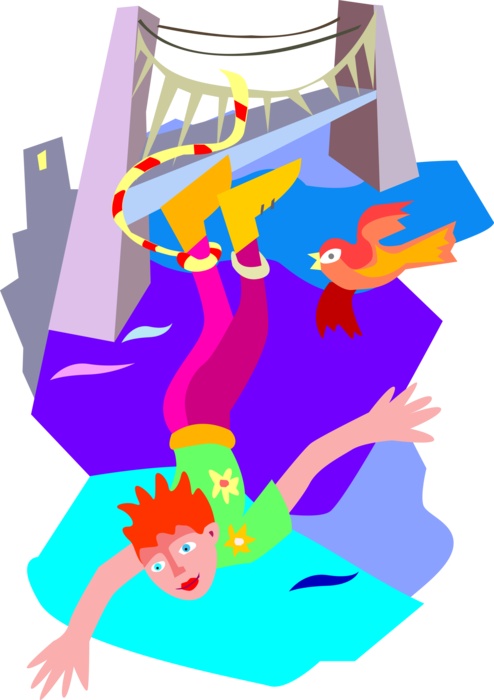 Vector Illustration of Bungee Jumper Jumps with Elastic Rope from Bridge High Above Water