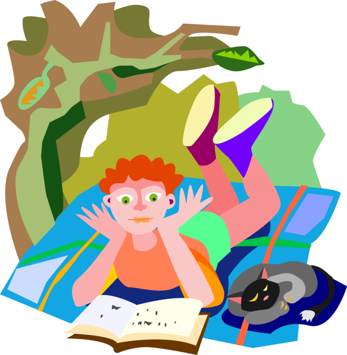 Vector Illustration of School Student on Summer Vacation Loves to Read