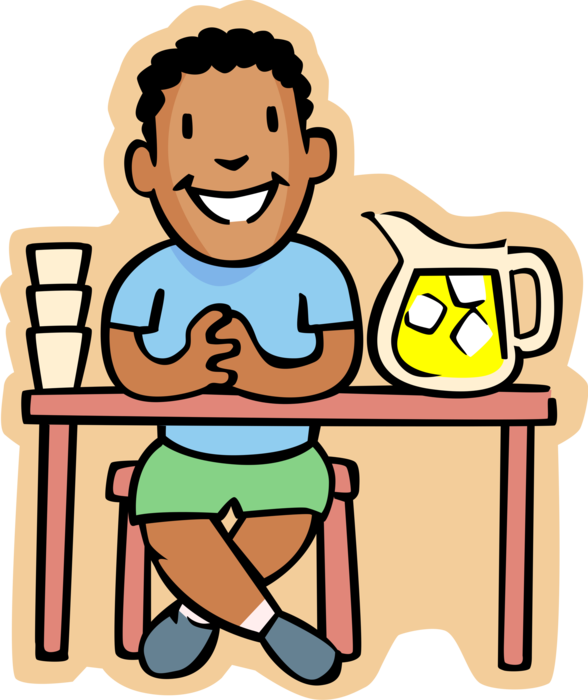 Vector Illustration of Primary or Elementary School Student Entrepreneur Boy Sells Lemonade at His Stand