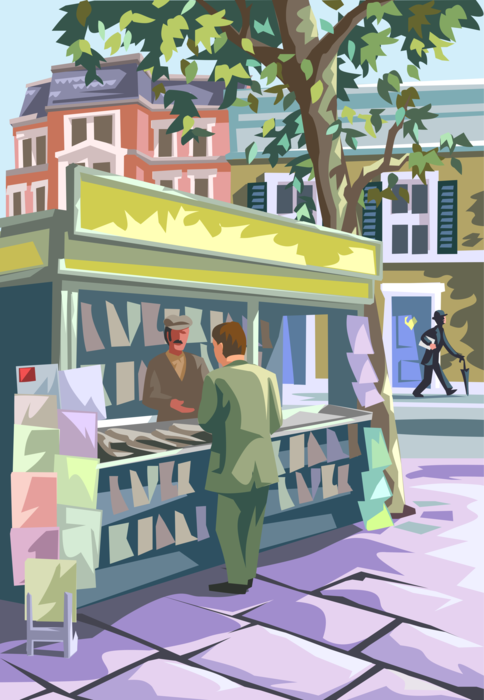 Vector Illustration of Street Corner Newsstand or Stall Sells Newspapers and Magazines, London, England