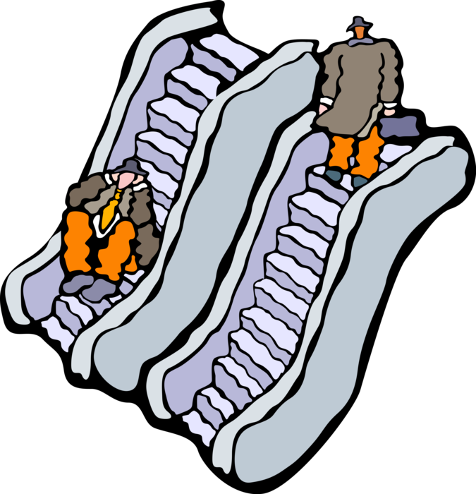 Vector Illustration of Escalator Conveyor Moving Staircase Transports Office Workers