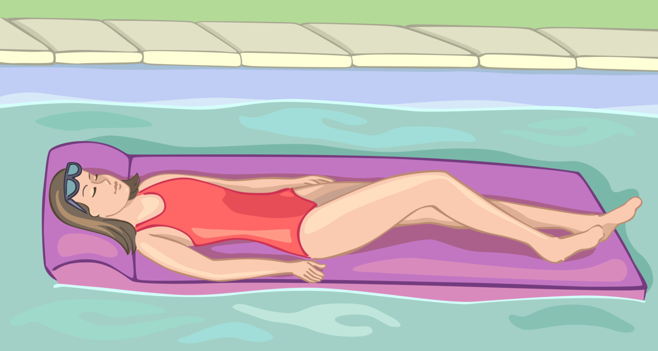 Vector Illustration of Woman Relaxing in Swimming Pool on Inflatable Air Mattress