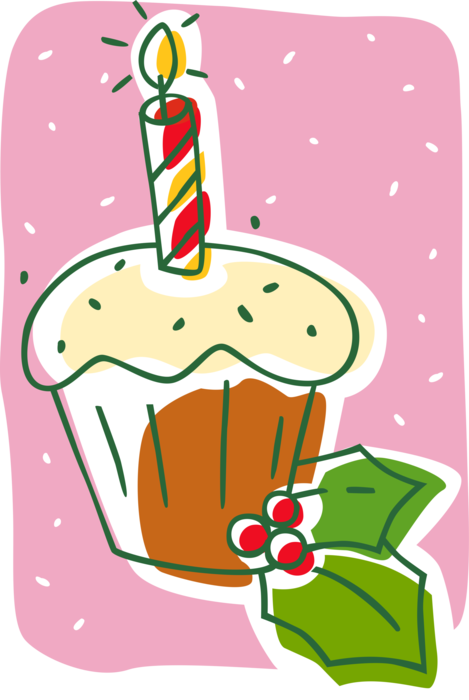 Vector Illustration of Festive Season Christmas Sweet Dessert Baked Cupcake with Candle and Holly