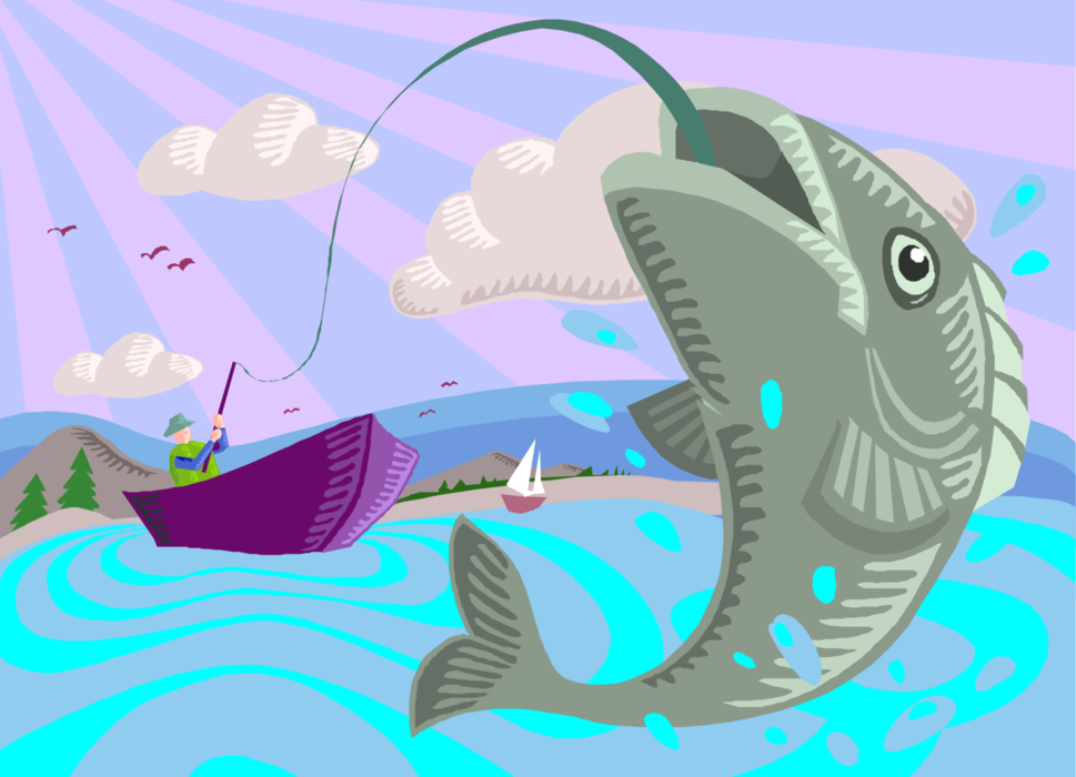 Vector Illustration of Sport Fisherman Angler Catches Fish from Fishing Boat on Lake