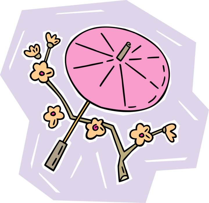 Vector Illustration of Umbrella or Parasol Provides Protection from Inclement Weather Rain with Spring Cherry Blossom Flowers