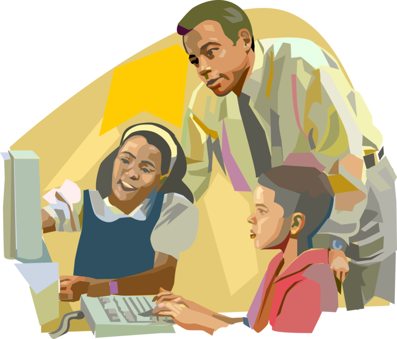 Vector Illustration of Teacher Helping Students in School Computer Science Class
