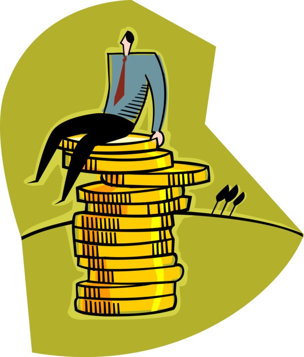 Vector Illustration of Businessman Sits on Top of Stack of Money Coins