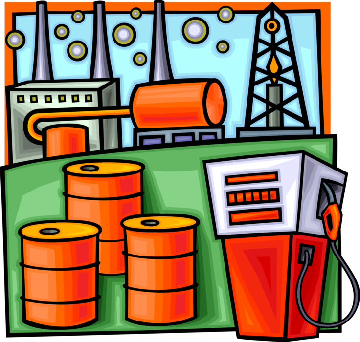 Vector Illustration of Petroleum Oil and Gas Refining Refinery with Storage Tanks and Barrels