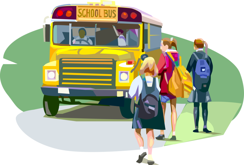 Vector Illustration of Students Getting on School Bus for Transportation to Educational Institution