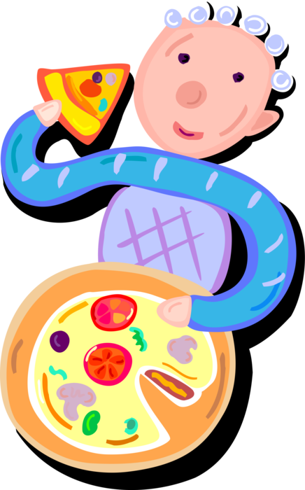 Vector Illustration of Boy Eating Flatbread Pizza Topped with Tomato Sauce and Cheese