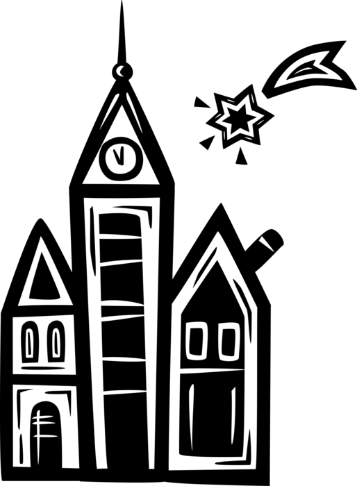 Vector Illustration of Shooting Star and Town Building Architecture