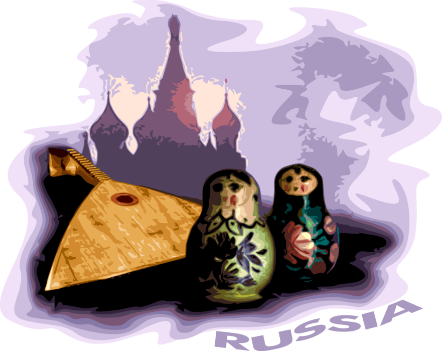 Vector Illustration of Russia Postcard Design with Matryoshka or Matrioshka Russian Babushka Nesting Doll and Balalaika String Instrument