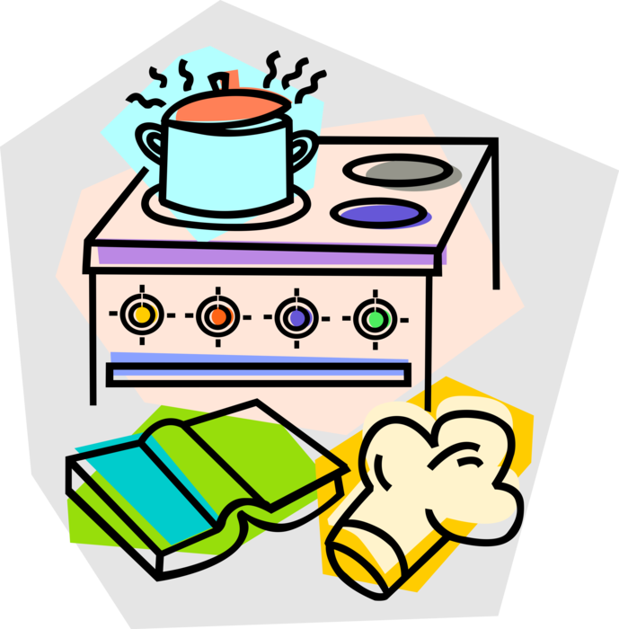 Vector Illustration of Pot Cooking on Oven Stove with Recipe Book and Chef Hat