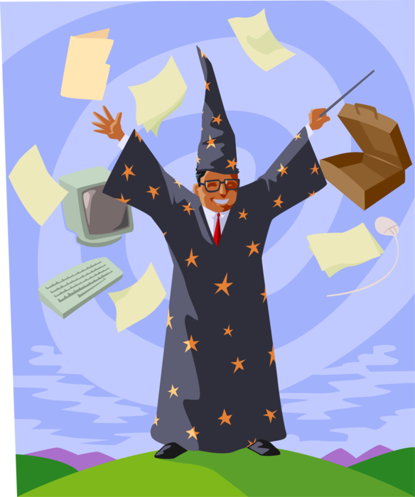 Vector Illustration of Businessman Wizard with Magic Wand, Documents and Computer