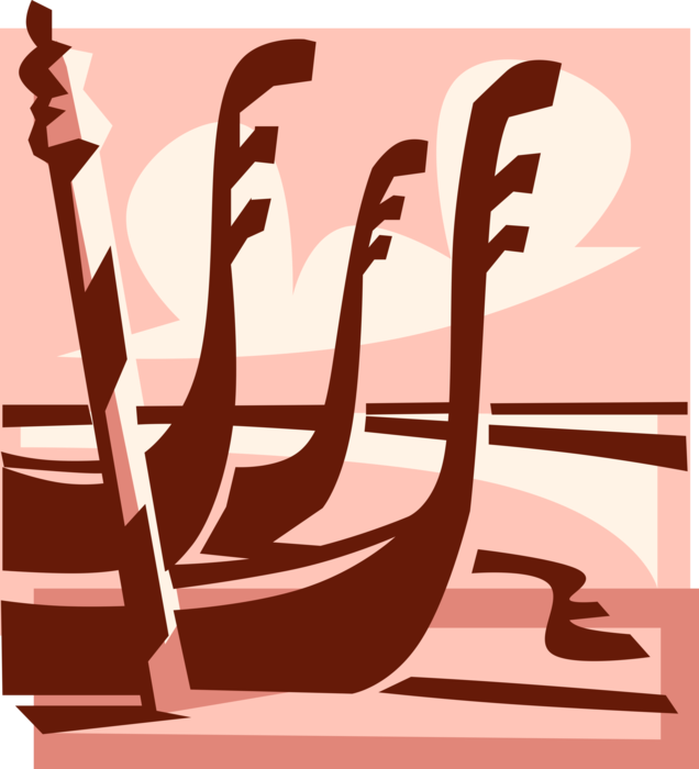 Vector Illustration of Venetian Gondola Steered by Gondolier in Canals of Venice, Italy