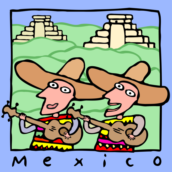 Vector Illustration of Mexican Mariachi Guitar Players Serenade with Mayan Pyramids of Mexico