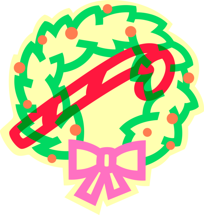 Vector Illustration of Festive Season Christmas Wreath Household Decoration Made from Evergreens with Candy Cane