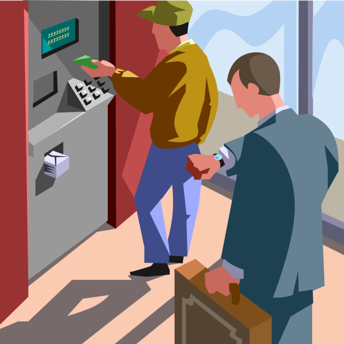 Vector Illustration of Getting Impatient Waiting in Line at Bank Automated Teller Machine ATM
