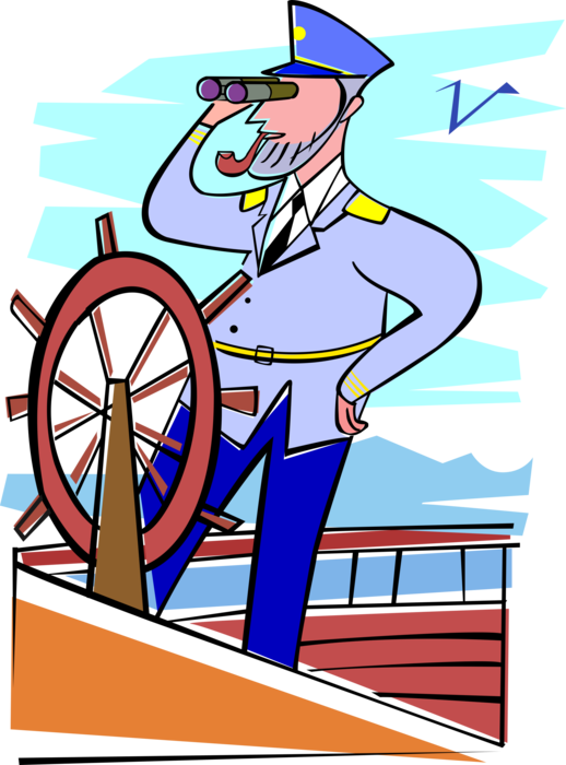 Vector Illustration of Maritime Captain with Binoculars at Helm with Ship's Helm Wheel to Change Course