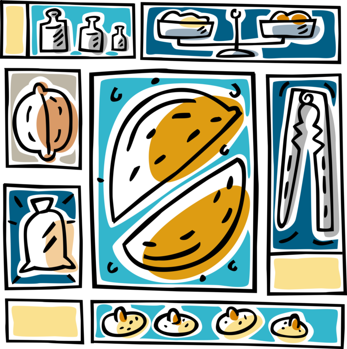 Vector Illustration of Nutcracker, Nuts, Measuring Scale and Sack of Flour
