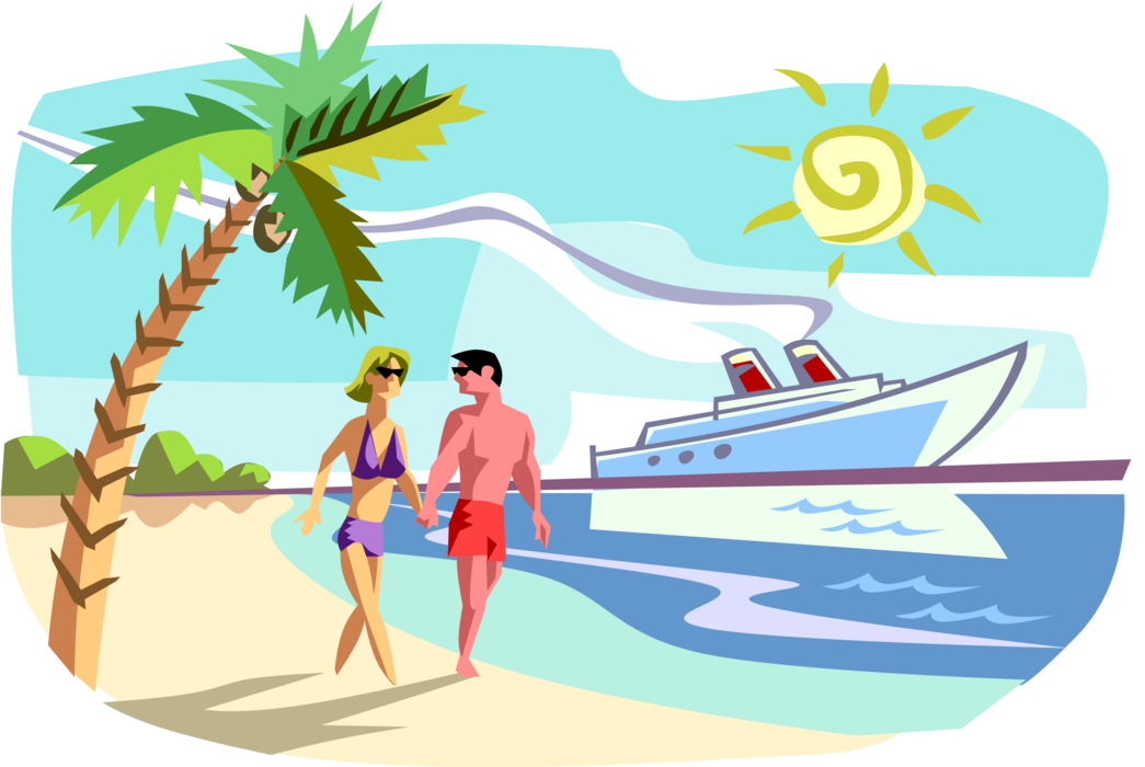 Vector Illustration of Tropical Island Vacation with Couple Walking on Beach and Cruise Ship