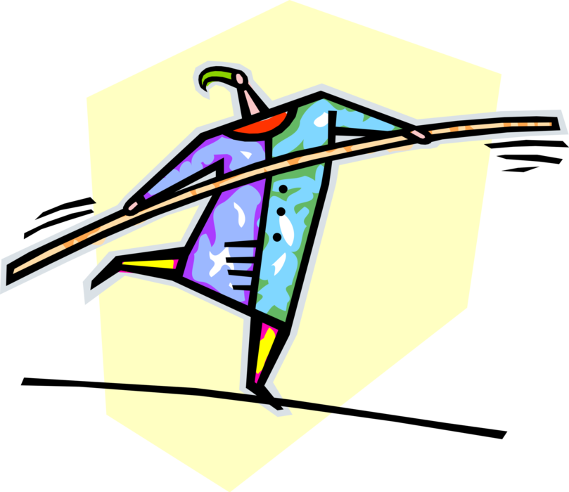 Vector Illustration of Highwire Performer Balancing and Walking on Tightrope