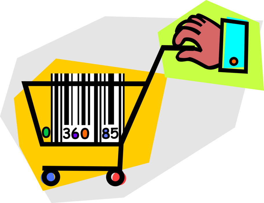 Vector Illustration of Hand Pushes Shopping Cart with Universal Product Code UPC Barcode