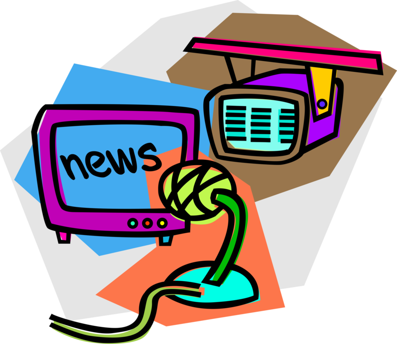 Vector Illustration of Television TV News Broadcast Studio with Microphone and Monitor